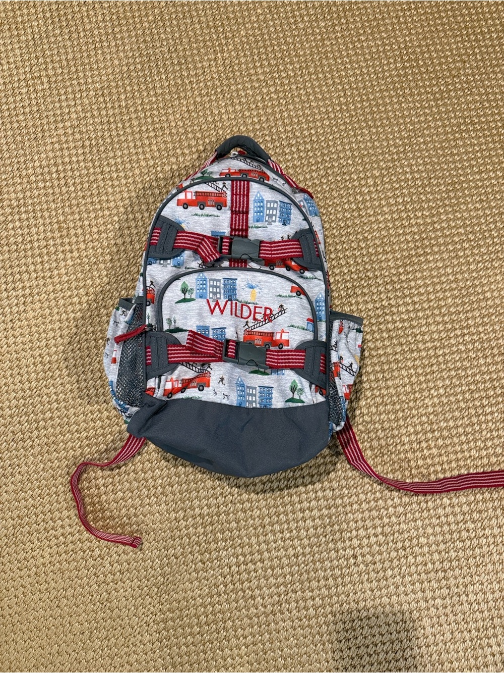 Pottery Barn Kids Large Mackenzie Firetruck Print Backpack - Gray & Red